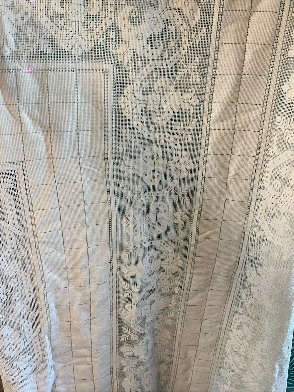 Vintage cream textile filet lace table cloth 75” x 63”